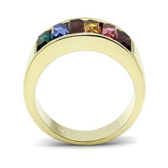 Gold Silver rainbow band Ring Size 5 10 11 crystal stones - Picture 3 of 8